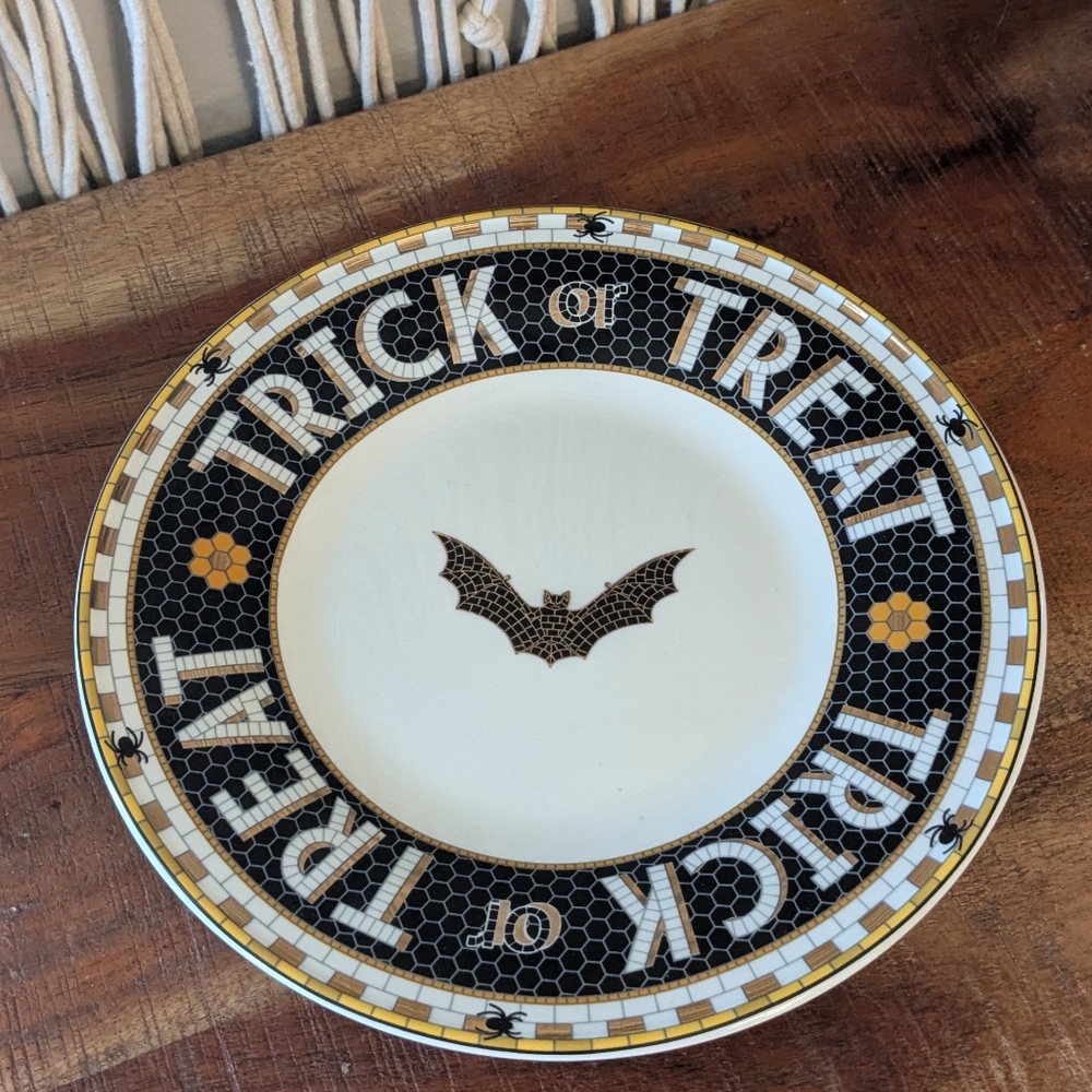 NEW Anthropologie Bistro Tile Halloween Plate 24K Gold